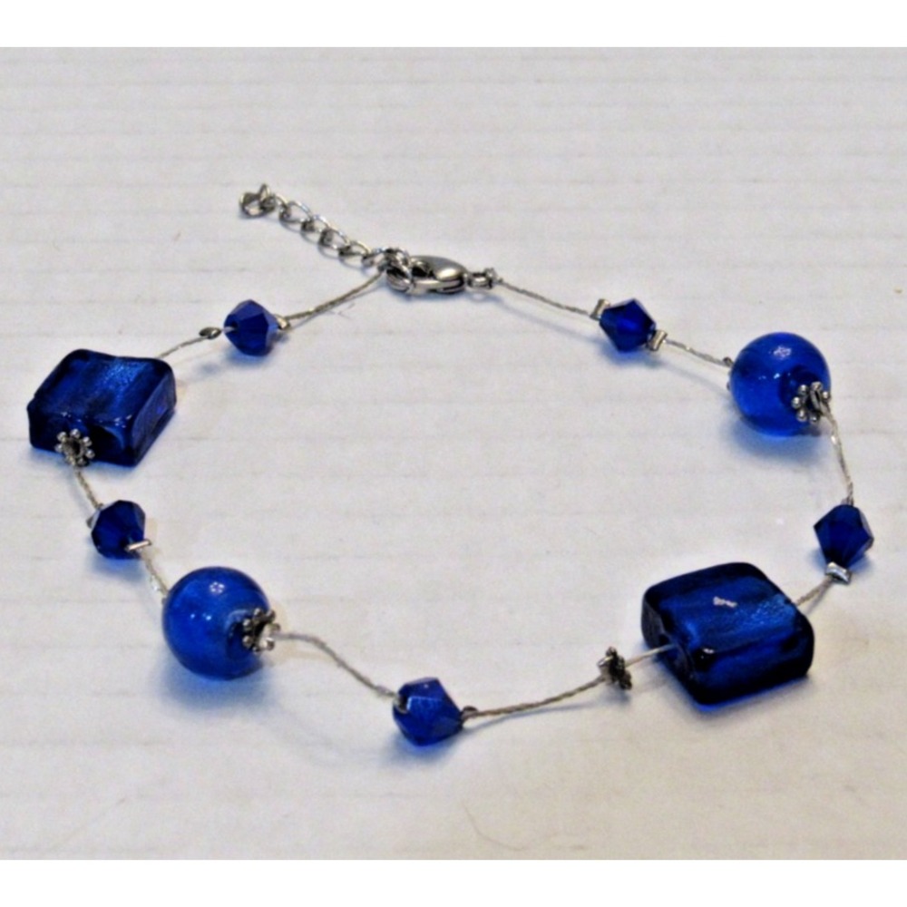 Cobalt Blue Glass Bead Bracelet Silver Tone Adjustable Square Round Geometric
